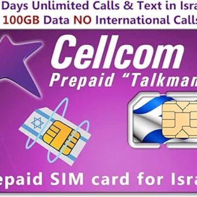 Israel Prepaid SIM Card from Cellcom, Including 30 Days Unlimited Israel Calls & Text + 100GB Data at 4G LTE Speed, Fits Any Size SIM Card Micro Nano + Case iPhone Pin & User Guide