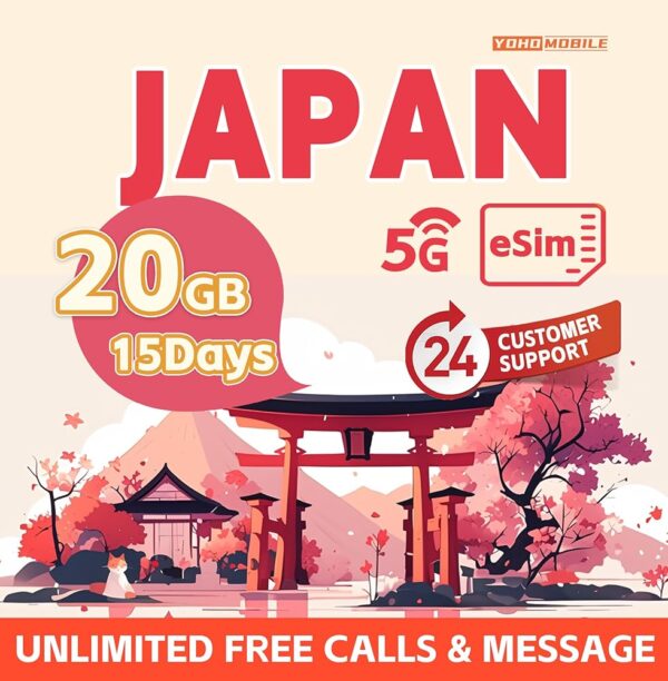 Japan Prepaid eSIM Card 20GB Internet Data in 5G/4G/LTE, Valid for 15 Days. High-Speed eSIM Data Plan Coverage in Japan