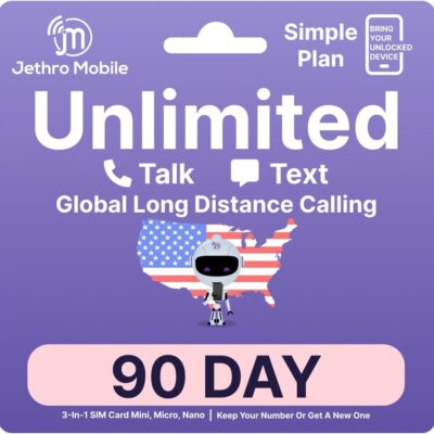 Jethro Mobile – 3 Month Prepaid Plan, Unlimited Talk & Text Only, International Calling, Easy Activation, Cell Phone Service for Seniors, BYOP SIM Card Kit