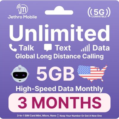 Jethro Mobile (3 Months) | Unlimited Talk Text & Data | 3-in-1 Prepaid Sim Card USA | Bring Your Own Cell Phone