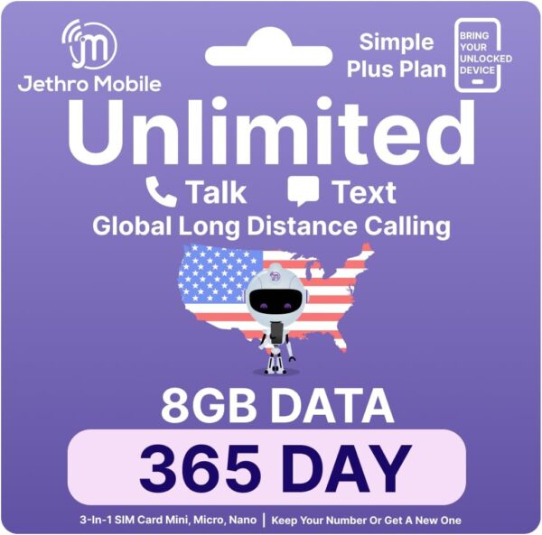 Jethro Mobile Cell Phone Plan for Seniors & Kids (No Contract), 8GB High-Speed Data, Unlimited Talk & Text, SIM Card Kit (1 Year)