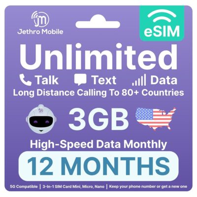 Jethro Mobile – eSIM USA, Quick Activation, 3GB High-Speed Data, Unlimited Talk, Text, & Data, Mobile Hotspot, International Calling, Prepaid Phone Plan (12 Months)