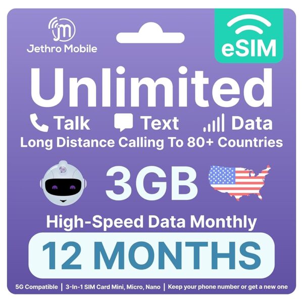 Jethro Mobile - eSIM USA, Quick Activation, 3GB High-Speed Data, Unlimited Talk, Text, & Data, Mobile Hotspot, International Calling, Prepaid Phone Plan (12 Months)