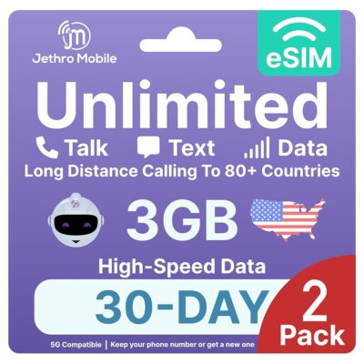 Jethro Mobile – eSIM USA, Quick Activation, 3GB High-Speed Data, Unlimited Talk, Text, & Data, Mobile Hotspot, International Calling, Prepaid Phone Plan (30 Days 2 Pack)