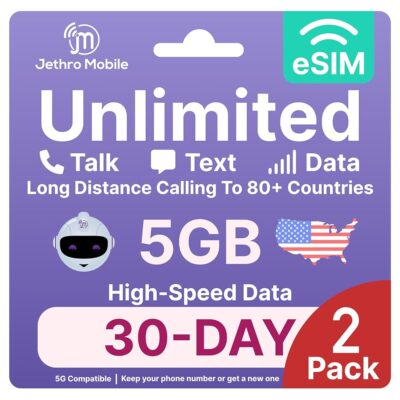 Jethro Mobile – eSIM USA, Quick Activation, 5GB High-Speed Data, Unlimited Talk, Text, & Data, Mobile Hotspot, International Calling, Prepaid Phone Plan (30 Days 2 Pack)