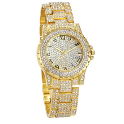 JewelryWe Men Watches Gold Tone Alloy Quartz Watch Stylish Rhinestone Business Casual Dress Wristwatches for Halloween