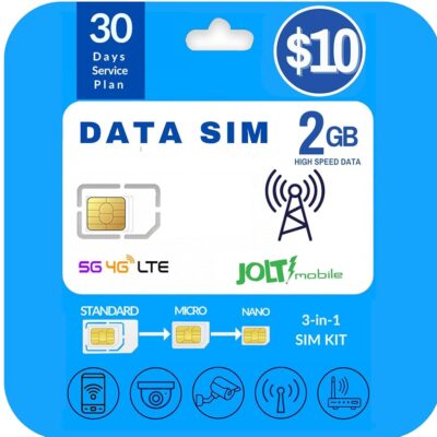 Jolt Mobile Data SIM Card – 2GB Internet 30 Day Data Plan on AT&T 5G 4G LTE Network Compatible with Any Unlocked IoT Devices – USA Coverage – Business-Office-Home Use. – Triple…