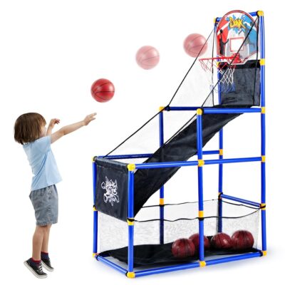 JOYIN Arcade Basketball Game Set with 4 Balls and Hoop for Kids 3 to 12 Years Old Indoor Outdoor Sport Play – Easy Set Up – Air Pump Included – Ideal for Competition