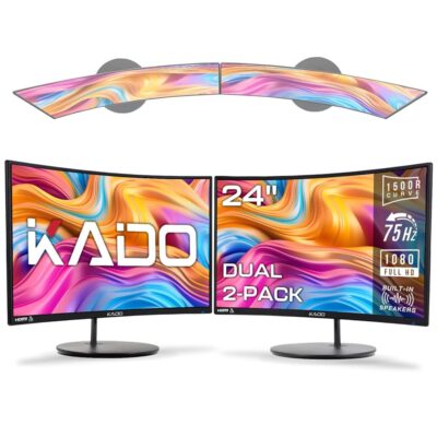 Kado Dual Monitor Setup – 2-Pack 24″ Curved 1920×1080 Computer Monitor 1500R 75Hz VESA Mount HDMI Office Gaming Hybrid Built-in Speakers (C24X Dual Series)