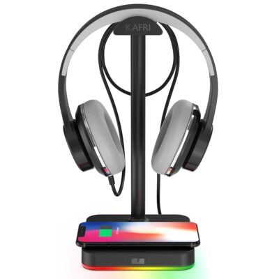 KAFRI RGB Headphone Stand with Wireless Charger Desk Gaming Headset Holder Hanger Rack with 10W/7.5W Fast Charge QI Wireless Charging Pad – Suitable for Gamer Desktop Table Game…