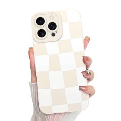 KANGHAR Compatible with iPhone 16 Pro Case, Silicone Checkered Cute Pattern, Camera Protection Soft Slim Phone Case for Girls Women -White