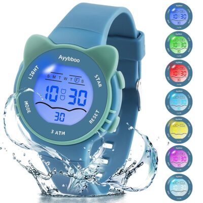 Kids Digital Watches for Girls Boys, 7 Color Lights Waterproof Watches for Kids with Alarm Stopwatch, Cute Watch, Kids Present for Girls Boys Ages 5-13