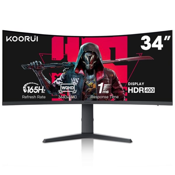 KOORUI 34-inch Ultrawide Curved WQHD 3440×1440 Gaming Monitor, 165Hz 144Hz Curved 1000R- PIP/PBP, 1ms(MPRT) with DisplayHDR 400, DCI-P3 90% Color Gamut, FreeSync Premium,...