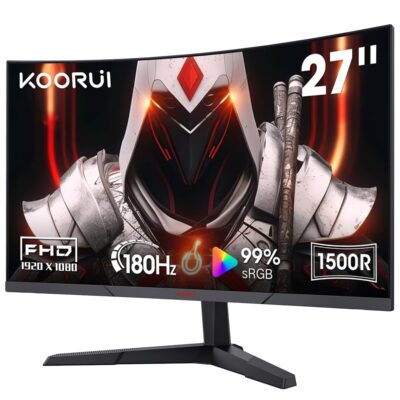 KOORUI Curved 27 Inch Gaming Monitor, Full HD 1080p R1500 180Hz VA Computer Monitor, 99% sRGB, Built-in Adaptive Sync, 1 x Display Port 1.2 & 2 x HDMI 2.0, Eye Care, VESA…