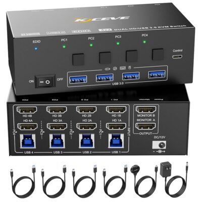 KVM Switch 2 Monitors 4 Computers HDMI, KCEVE 8K@60Hz, 4K@144 Hz USB 3.0 KVM Switcher Box with EDID Emulator for 4 Computers Share Mouse Keyboard and Monitor, Stable Chip, Great…