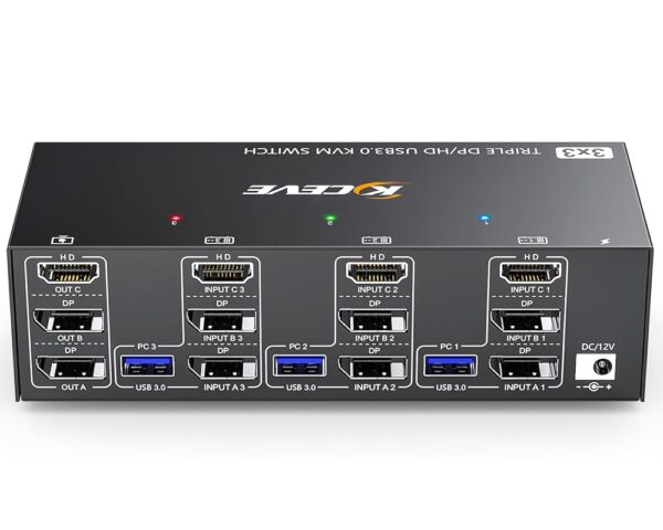 KVM Switch 3 Monitors 3 Computers 8K@60Hz 4K@144Hz, Camgeet HDMI+2 Displayport KVM Switch Triple Monitor for 3 Computer Share 3 Monitor and 4 USB3.0 Devices,Wired Remote and 12V...