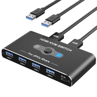 KVM Switch HDMI 2 Port Box, USB 3.0 and HDMI Switch 4K@60Hz for 2 Computers Share 1 Monitor, 4 USB 3.0 Devices Such as Keyboard, Mouse, Printer