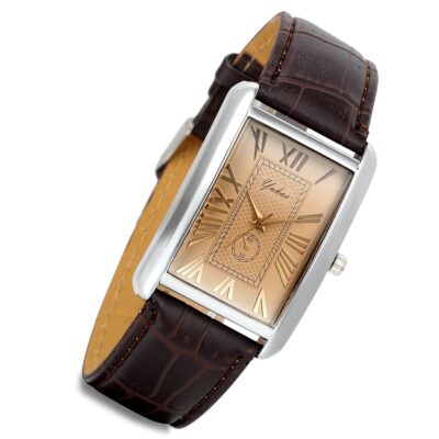 Lancardo Retro Vintage Square Quartz Analog Watch Silver Tone Case Crocodile Pattern Brown Leather Business Casual Dress Wrist Watch