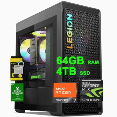 Lenovo Legion Tower 5 Gaming Desktop AMD 8-core Ryzen 7 7700 (>i9-13900H) 64GB RAM 4TB SSD GeForce RTX 4070 Ti Super 16GB USB-C RGB Light Fan 850W PSU 3-Month Xbox PC Game Pass…