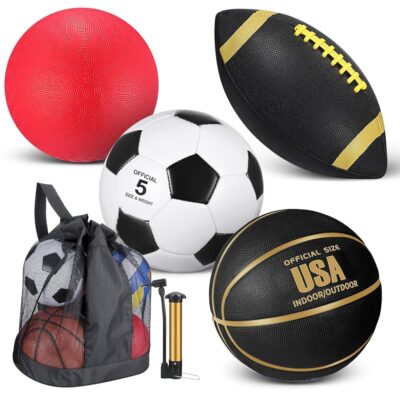 Lenwen 4 Pcs Sports Balls Set, Include Pump, Equipment Bag Official Size Basketball Soccer Football Playground Ball for Teen Adult Operation Christmas Supplies