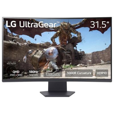 LG 32GS60QC-B Ultragear 32-inch Curved Gaming Monitor QHD (2560×1440) 180Hz 1ms 1000R AMD FreeSync HDR10 HDMIx2 DisplayPort Black