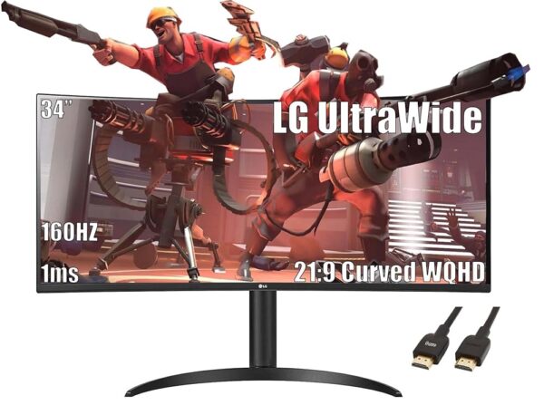 LG 34 inch UltraWide Monitor, 21:9 Curved WQHD (3440x1440) IPS Display, HDR 10s and RGB 99% Color Gamut, 160Hz, 1ms, AMD FreeSync Premium and 3-Side Virtually Borderless Screen,...