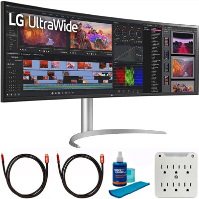 LG 49WQ95C-W 49 inch 32:9 UltraWide Dual QHD Nano IPS Curved Monitor Bundle with 2X 6FT Universal 4K HDMI 2.0 Cable, Universal Screen Cleaner and 6-Outlet Surge Adapter