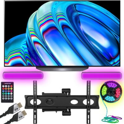 LG OLED65B2PUA 65 Inch HDR 4K Smart OLED TV 2022 (Renewed) Bundle with Monster TV Full Motion Wall Mount for 32-70 inch with 6 Piece Sound Reactive Lighting Kit