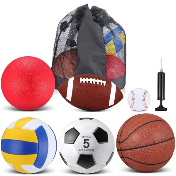 Libima 6 Pcs Multi Sport Ball Set Official Size Football, Basketball, Soccer, Volleyball, Playground Ball, Baseball with Sports Equipment Bag Pump for Teen Adult Christmas