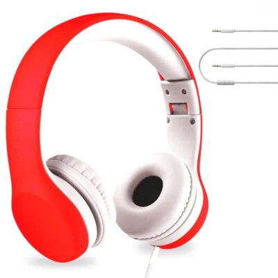 LilGadgets Connect+ Wired Kids Headphones for School with Microphone, Volume Limiting & Noise Cancelling On-Ear Headset with Cord, SharePort Technology & SoftTouch Padding, Red