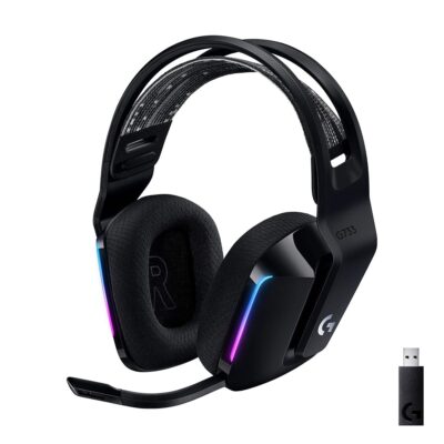 Logitech G733 Lightspeed Wireless Gaming Headset with Suspension Headband, Lightsync RGB, Blue VO!CE mic technology and PRO-G audio drivers – Black