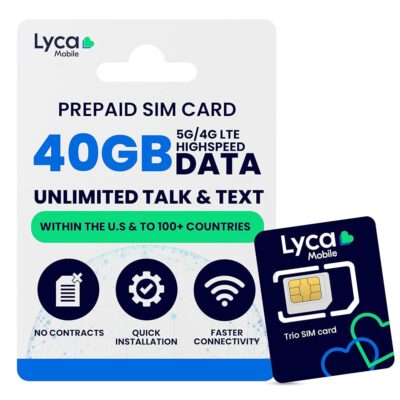 Lyca Mobile $49 60 Day Plan USA SIM Unlimited Data International Talk &Text to 100 Countries 40GB 4G/5G Data Replenishes Every 30 Days