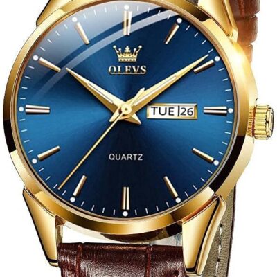 Men’s Casual Leather Watch, Easy to Read Analog Dress Watch for Men, Gold Silver Black Tone 3-Hand Men Quartz Watch, Classic Waterproof Luminous Day Date Wrist Watch for Men