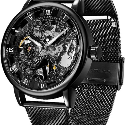 Men’s Skeleton Mechanical Roman Numeral Mesh Strap Watch, Hand Winding Mechanical Mesh Luminous Waterproof Watch for Men