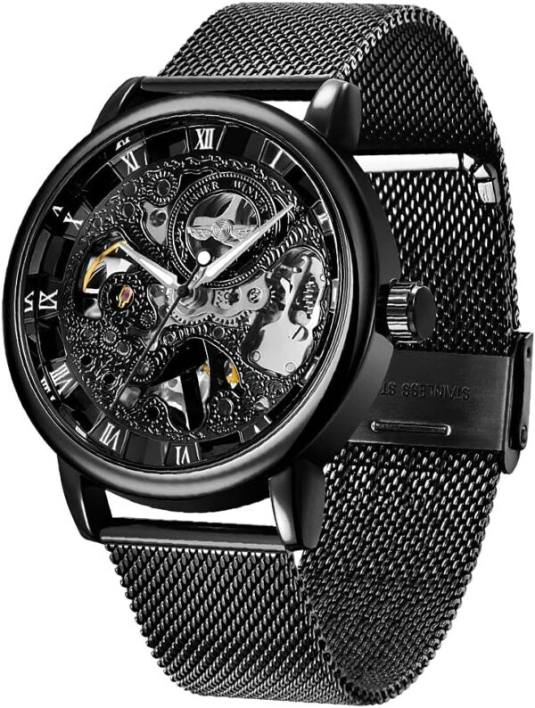 Men's Skeleton Mechanical Roman Numeral Mesh Strap Watch, Hand Winding Mechanical Mesh Luminous Waterproof Watch for Men