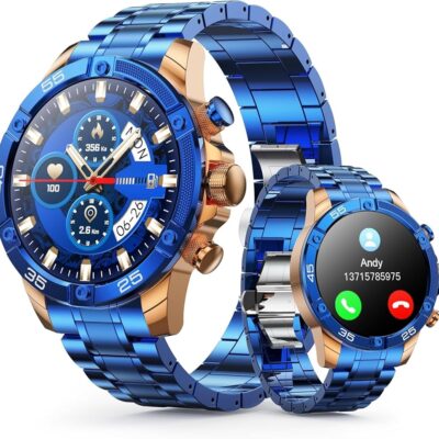 Men’s Smart Watch Round HD 1.53″ Gold Blue Smart Watches for Men, Multiple Sports Modes, Bluetooth Voice Call. Available for iOS and Android