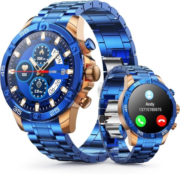 Men's Smart Watch Round HD 1.53" Gold Blue Smart Watches for Men, Multiple Sports Modes, Bluetooth Voice Call. Available for iOS and Android