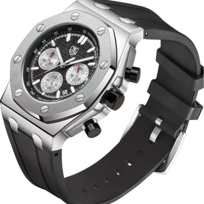 Men’s Watch Silicone Band, Quartz Analog Waterproof Multifunction Chronograph Sports Watch for Men with Calendar Black Rubber Strap