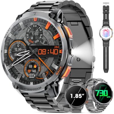 Military Smart Watch for Men 1.85″ HD 730mAh Battery Smart Watches with LED Flashlight for Android iOS （Bluetooth Call Answer/Dial Calls） Fitness Tracker with Heart Rate Blood…