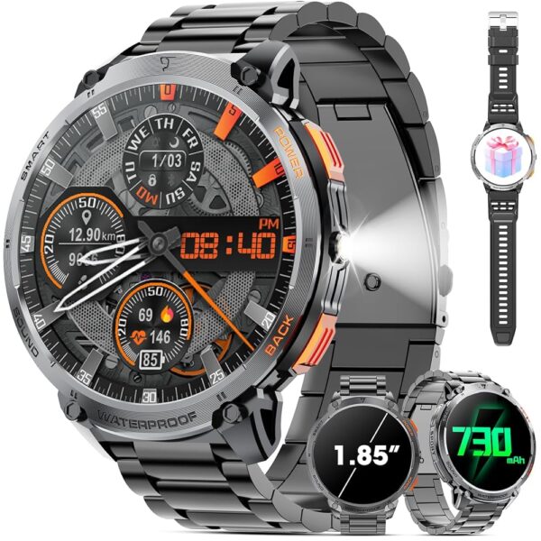 Military Smart Watch for Men 1.85" HD 730mAh Battery Smart Watches with LED Flashlight for Android iOS （Bluetooth Call Answer/Dial Calls） Fitness Tracker with Heart Rate Blood...