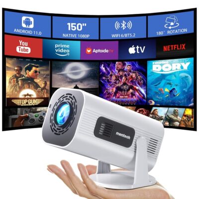 Mini Projector with WiFi and Bluetooth, 180°Adjustable Stand Smart Projector, 150″ Portable Projector with Android TV 11.0, 2.4G/5G, Native 1080P, 300 ANSI Auto Keyston…