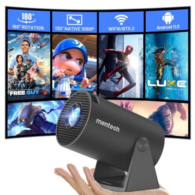 Mini Projector With WiFi and Bluetooth, 180° Rotatable Portable Projector, 130″ Smart Projector with Android TV 11.0, 1080P Support 4K Decoding, 2.4G/5G WiFi6, Auto Keyston for…