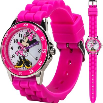 Minnie Mouse Time Teacher Watch for Girls – Analog Time Learning with Easy-to-Read Numbers and Comfortable Silicone Band