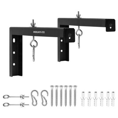 Mount-It! Projector Screen Wall Mount L-Brackets – Extra Large Wall and Ceiling Hanging Bracket for Home Projector and Movie Screens, 12 inch Mounting Hooks, 1 Pair, Black, 66…