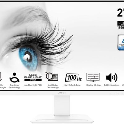 MSI Pro MP273AW, 27″ Monitor, 1920 x 1080 (FHD), IPS, 100Hz, TUV Certified Eyesight Protection, 4ms, Displayport, HDMI, Tilt, White