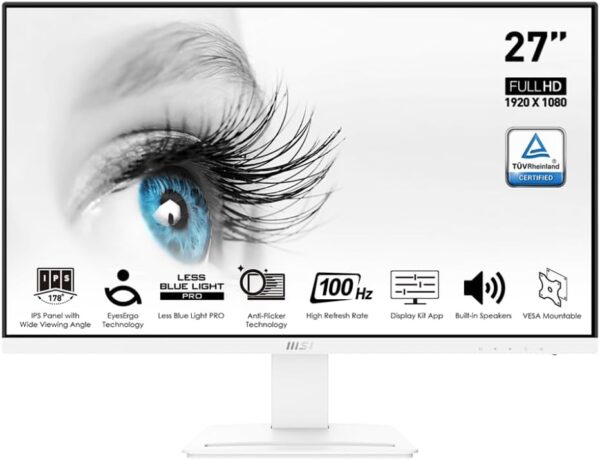 MSI Pro MP273AW, 27" Monitor, 1920 x 1080 (FHD), IPS, 100Hz, TUV Certified Eyesight Protection, 4ms, Displayport, HDMI, Tilt, White