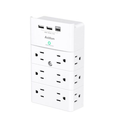 Multi Plug Outlet – Addtam Surge Protector Wall Mount with 12 Outlet Extender- 3 Sides and 3 USB Ports (1 USB-C), Outlet Splitter Power Strip for Home, Office, Hotel, White