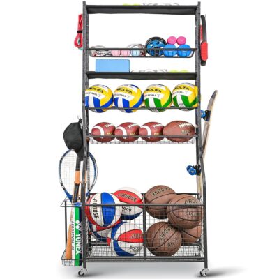 Mythinglogic Sports Equipment Garage Organizer,Garage Ball Storage for Sports Gear and Toys, Rolling Ball Cart with Wheels for Indoor/Outdoor Use