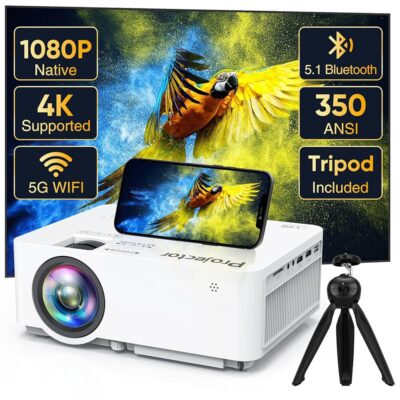 Native 1080P Projector with 5G WiFi Bluetooth (with Tripod), 4K Supported Home Projector, Portable Outdoor Projector with Max 300″ Display, Movie Projector Compatible with TV…