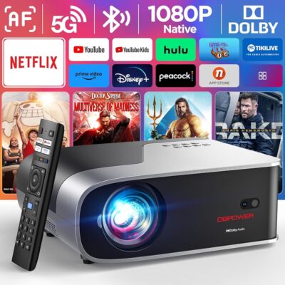 [Netflix Officially/Auto Focus] Smart Projector with 5G WiFi and Bluetooth, DBPOWER Native 1080p Projector Built-in Netflix, Youtube, Hulu, Disney+, Peacock Apps, 500ANSI Movie…